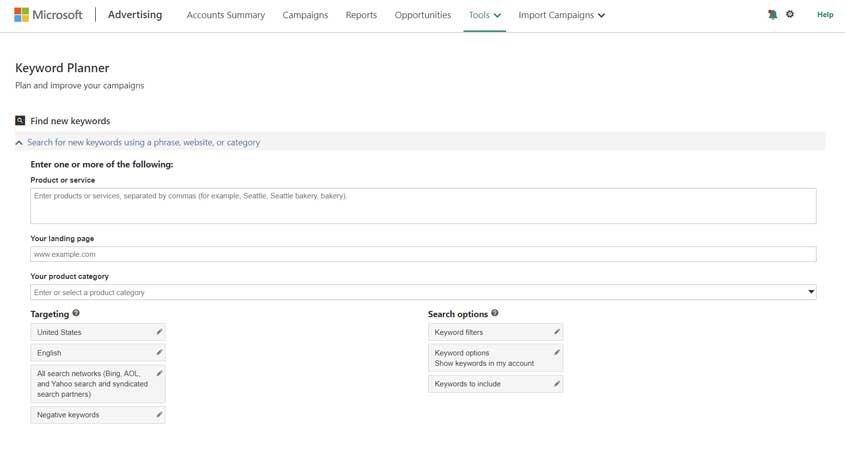 Bing Keyword Planner Tool